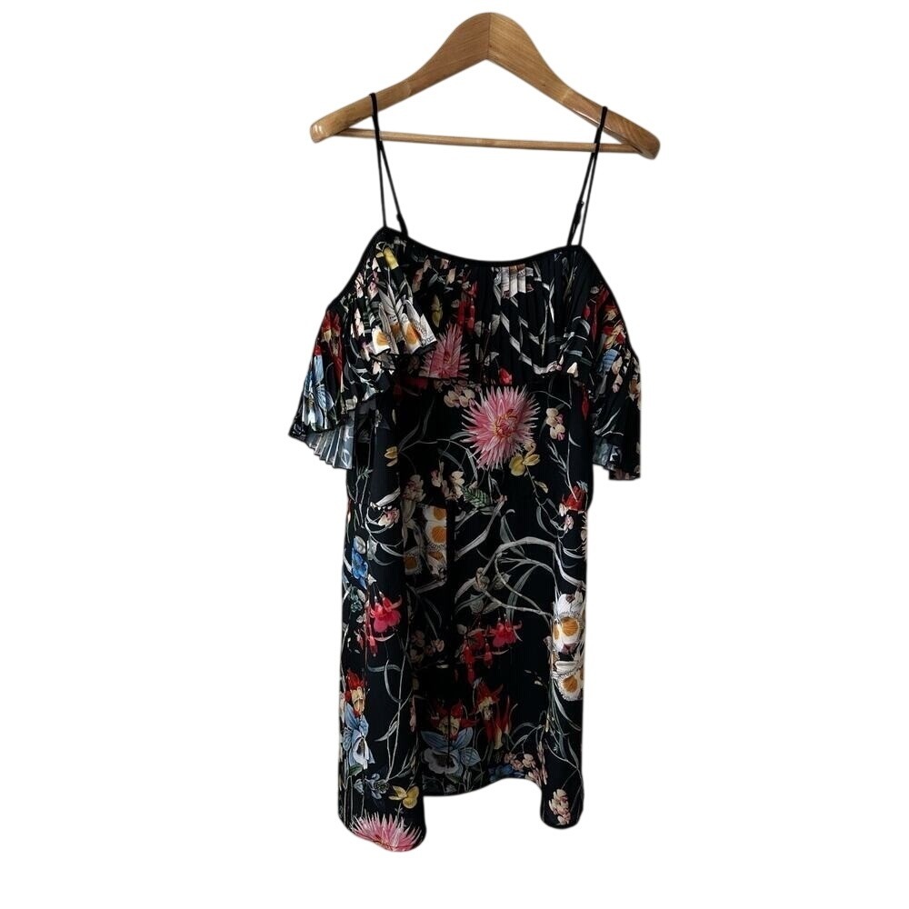 Delfi Collective Black Floral Cold Shoulder Pleated Ruffle Mini Dress Size M
